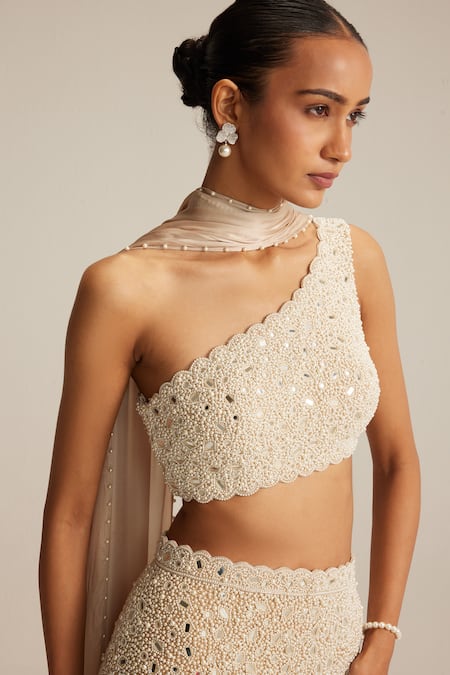 Vvani By Vani Vats_Beige Georgette, Net, Satin Beads, Mirrors One Pencil Skirt With Stole Set _at_Aza_Fashions