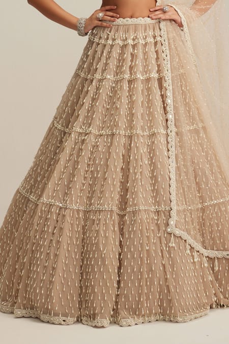 Buy_Vvani By Vani Vats_Beige Georgette, Net Pearls, Beads, Mirrors, Tassels Drop Multi Tier Lehenga Set _Online_at_Aza_Fashions