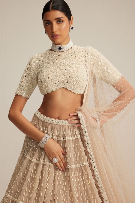 Vvani By Vani Vats_Beige Georgette, Net Pearls, Beads, Mirrors, Tassels Drop Multi Tier Lehenga Set _at_Aza_Fashions