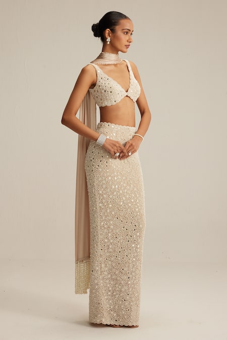 Vvani By Vani Vats_Beige Georgette, Net, Satin Beads, Mirrors, And Pearl Work Pencil Skirt Set _Online_at_Aza_Fashions