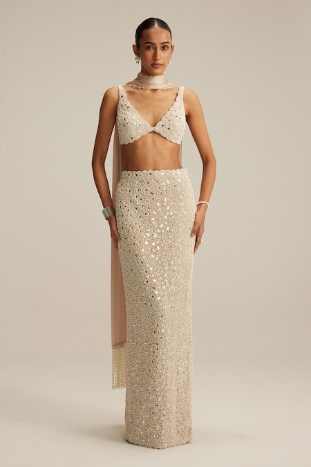 Buy_Vvani By Vani Vats_Beige Georgette, Net, Satin Beads, Mirrors, And Pearl Work Pencil Skirt Set _Online_at_Aza_Fashions