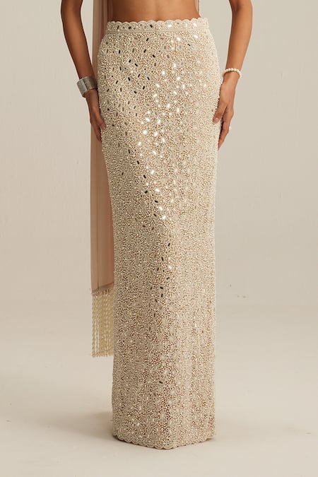 Shop_Vvani By Vani Vats_Beige Georgette, Net, Satin Beads, Mirrors, And Pearl Work Pencil Skirt Set _Online_at_Aza_Fashions