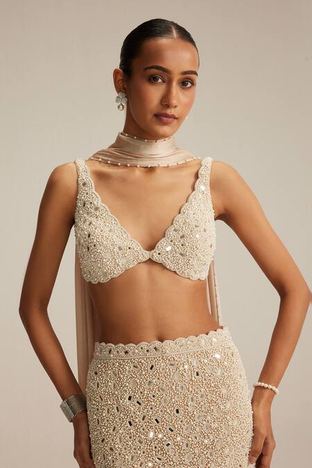 Vvani By Vani Vats_Beige Georgette, Net, Satin Beads, Mirrors, And Pearl Work Pencil Skirt Set _at_Aza_Fashions