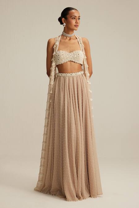 Vvani By Vani Vats_Beige Organza, Georgette Mirrors, Pearls, Tassels, Light Drop Jacket Set _Online_at_Aza_Fashions