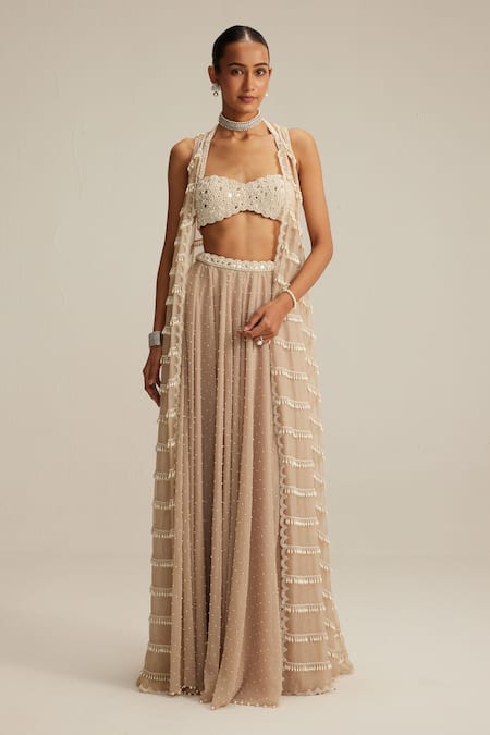 Buy_Vvani By Vani Vats_Beige Organza, Georgette Mirrors, Pearls, Tassels, Light Drop Jacket Set _Online_at_Aza_Fashions