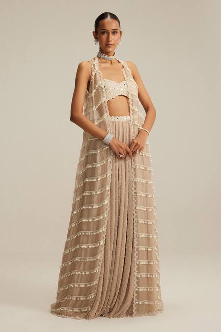 Shop_Vvani By Vani Vats_Beige Organza, Georgette Mirrors, Pearls, Tassels, Light Drop Jacket Set _Online_at_Aza_Fashions