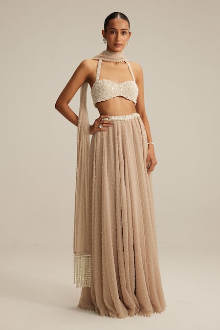 Vvani By Vani Vats Light Beige Skirt Set With Halter Neck Blouse 