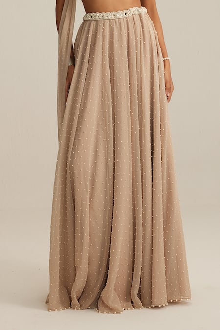 Vvani By Vani Vats Beige Georgette Pearls, Mirrors, Embroidery, Light Skirt Set With Blouse Online at Aza Fashions Vvani By Vani Vats_Beige Georgette Pearls, Mirrors, Embroidery, Light Skirt Set With Blouse _Online_at_Aza_Fashions