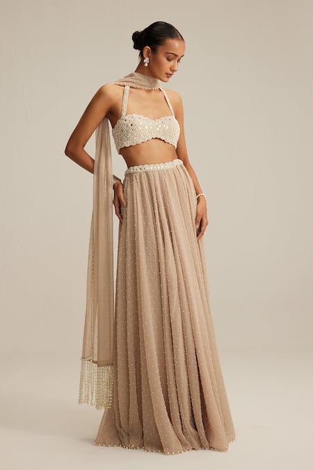 Buy Vvani By Vani Vats Beige Georgette Pearls, Mirrors, Embroidery, Light Skirt Set With Blouse Online at Aza Fashions Buy_Vvani By Vani Vats_Beige Georgette Pearls, Mirrors, Embroidery, Light Skirt Set With Blouse _Online_at_Aza_Fashions