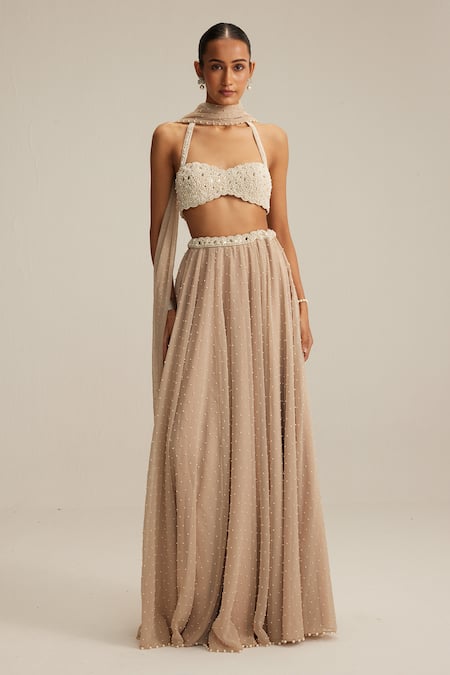 Vvani By Vani Vats Light Beige Skirt Set With Halter Neck Blouse 