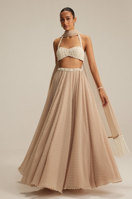 Shop Vvani By Vani Vats Beige Georgette Pearls, Mirrors, Embroidery, Light Skirt Set With Blouse Online at Aza Fashions Shop_Vvani By Vani Vats_Beige Georgette Pearls, Mirrors, Embroidery, Light Skirt Set With Blouse _Online_at_Aza_Fashions