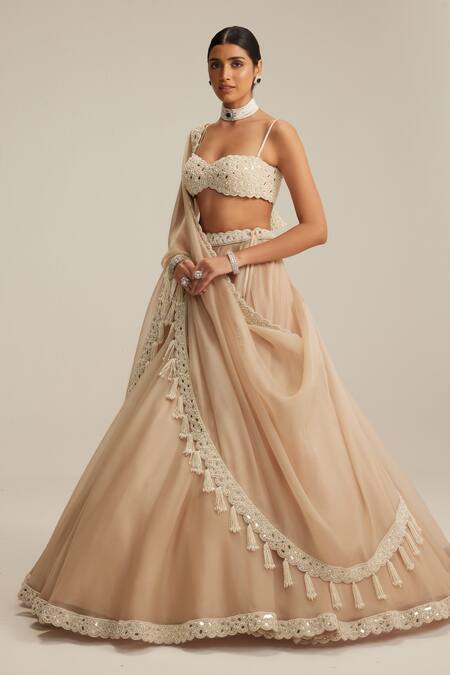 Shop_Vvani By Vani Vats_Beige Organza, Georgette Mirrors, Pearls, Embroidery, Tassels Lehenga Set _Online_at_Aza_Fashions