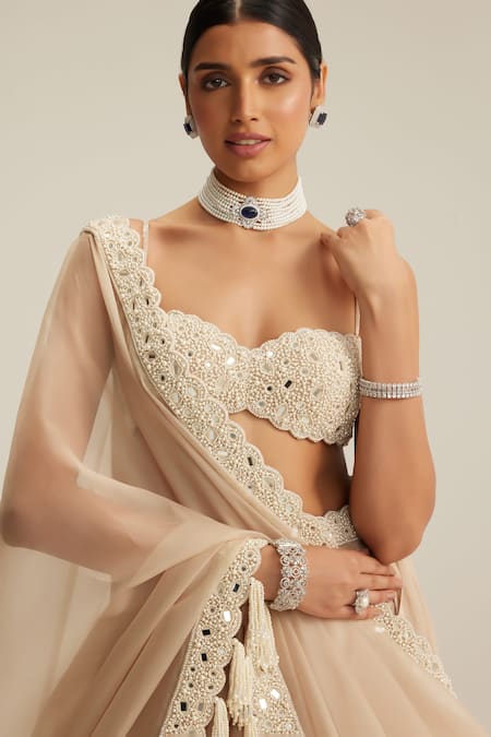 Vvani By Vani Vats_Beige Organza, Georgette Mirrors, Pearls, Embroidery, Tassels Lehenga Set _at_Aza_Fashions