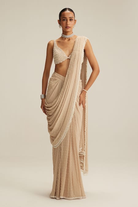 Vvani By Vani Vats_Beige Georgette Mirrors, Pearls, Tassels, Embroidery Light Draped Saree Set _Online_at_Aza_Fashions