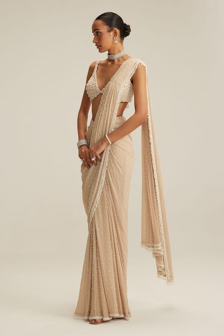 Shop_Vvani By Vani Vats_Beige Georgette Mirrors, Pearls, Tassels, Embroidery Light Draped Saree Set _Online_at_Aza_Fashions