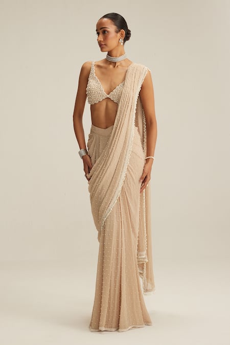 Vvani By Vani Vats_Beige Georgette Mirrors, Pearls, Tassels, Embroidery Light Draped Saree Set _at_Aza_Fashions