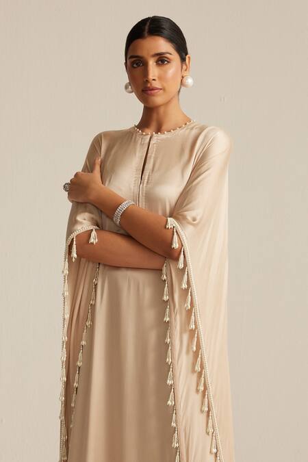 Vvani By Vani Vats_Beige Satin Pearls, Tassels Round Neck Light Work Kaftan Set _Online_at_Aza_Fashions