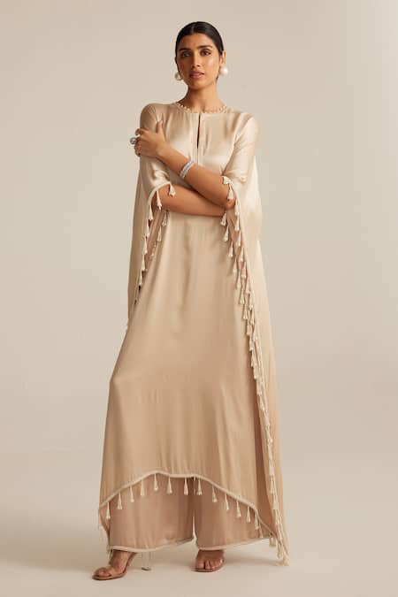 Vvani By Vani Vats Light Beige Pearl Work Kaftan Set 