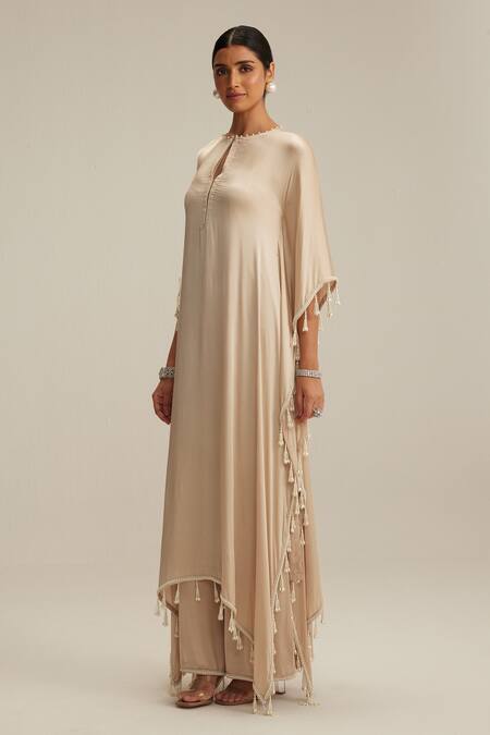 Buy_Vvani By Vani Vats_Beige Satin Pearls, Tassels Round Neck Light Work Kaftan Set _Online_at_Aza_Fashions