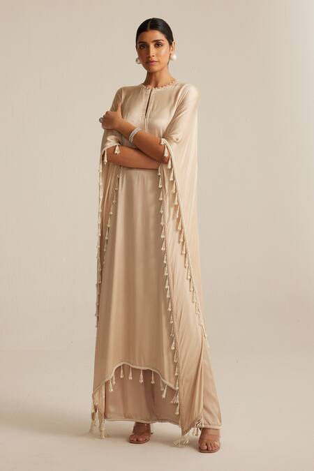 Shop_Vvani By Vani Vats_Beige Satin Pearls, Tassels Round Neck Light Work Kaftan Set _Online_at_Aza_Fashions