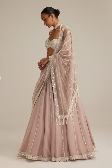 Vvani By Vani Vats_Pink Organza, Georgette Embroidery, Mirrors, Beads, Ash Linear Lehenga Set _Online_at_Aza_Fashions