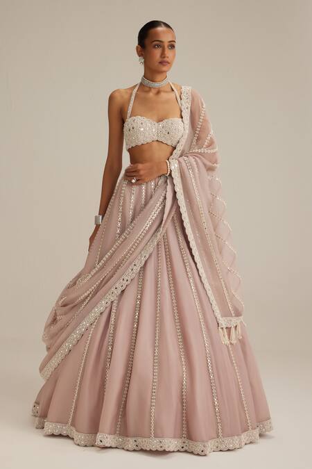 Buy_Vvani By Vani Vats_Pink Organza, Georgette Embroidery, Mirrors, Beads, Ash Linear Lehenga Set _Online_at_Aza_Fashions