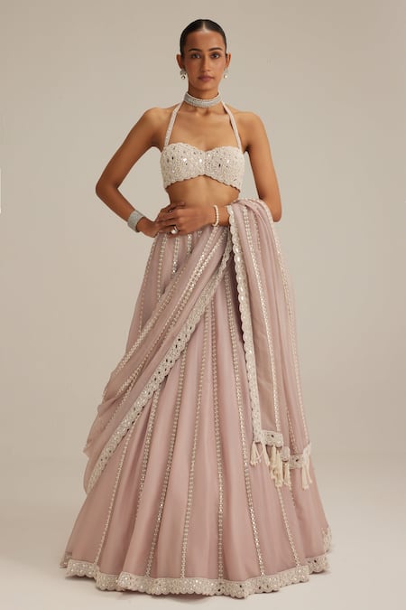 Shop_Vvani By Vani Vats_Pink Organza, Georgette Embroidery, Mirrors, Beads, Ash Linear Lehenga Set _Online_at_Aza_Fashions