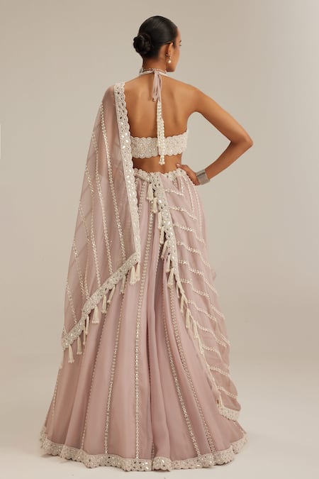 Vvani By Vani Vats Ash Pink Linear Embroidered Organza Lehenga Set 