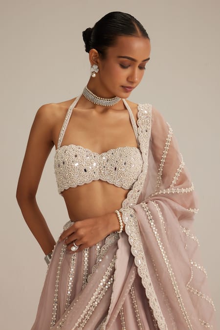 Buy_Vvani By Vani Vats_Pink Organza, Georgette Embroidery, Mirrors, Beads, Ash Linear Lehenga Set 