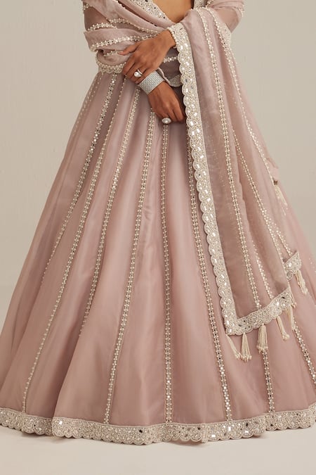 Vvani By Vani Vats_Pink Organza, Georgette Embroidery, Mirrors, Pearls, Ash Linear Lehenga Set _Online_at_Aza_Fashions