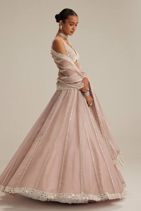 Shop_Vvani By Vani Vats_Pink Organza, Georgette Embroidery, Mirrors, Pearls, Ash Linear Lehenga Set _Online_at_Aza_Fashions