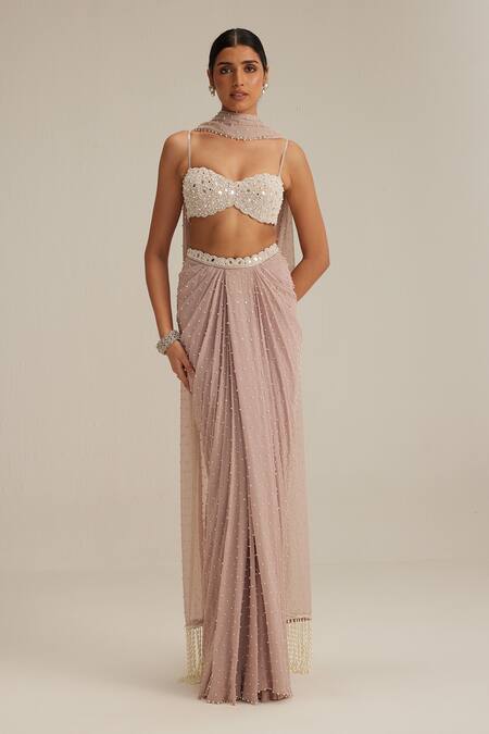 Vvani By Vani Vats_Off White Georgette Mirrors, Pearls, Beads Ash Pink Scattered Draped Skirt Set _Online_at_Aza_Fashions
