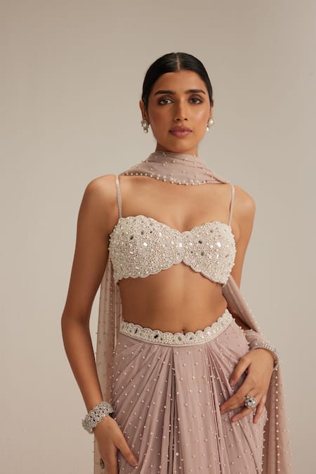Buy_Vvani By Vani Vats_Off White Georgette Mirrors, Pearls, Beads Ash Pink Scattered Draped Skirt Set _Online_at_Aza_Fashions