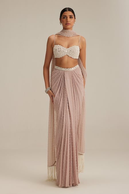 Shop_Vvani By Vani Vats_Off White Georgette Mirrors, Pearls, Beads Ash Pink Scattered Draped Skirt Set _Online_at_Aza_Fashions