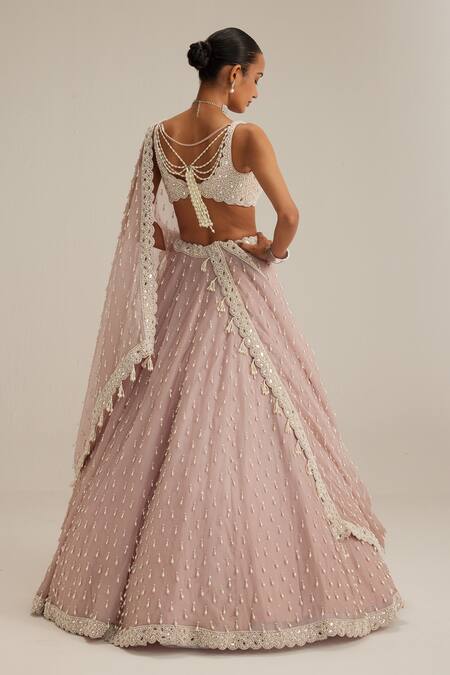 Vvani By Vani Vats_Pink Organza, Georgette Pearls, Embroidery, Sequins, Ash Drop Lehenga Set _Online_at_Aza_Fashions