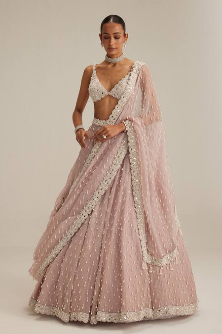 Buy_Vvani By Vani Vats_Pink Organza, Georgette Pearls, Embroidery, Sequins, Ash Drop Lehenga Set _Online_at_Aza_Fashions