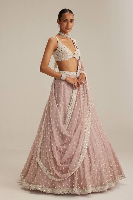 Shop_Vvani By Vani Vats_Pink Organza, Georgette Pearls, Embroidery, Sequins, Ash Drop Lehenga Set _Online_at_Aza_Fashions