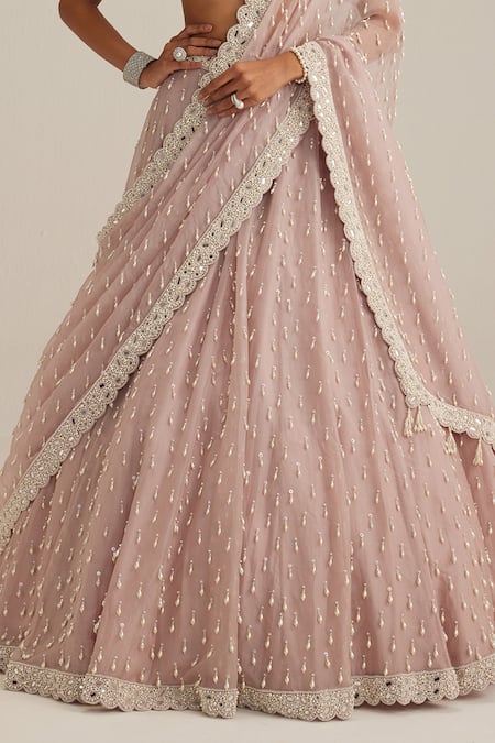 Vvani By Vani Vats_Pink Organza, Georgette Pearls, Beads, Mirrors, Sequins, Ash Drop Lehenga Set _Online_at_Aza_Fashions