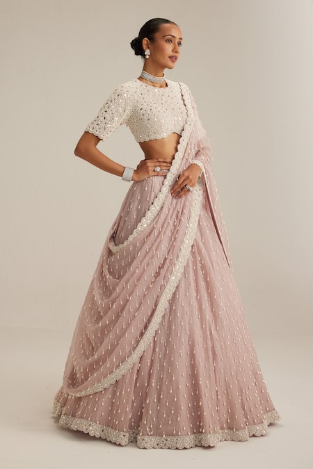 Vvani By Vani Vats Ash Pink Pearl Drop Lehenga Set 