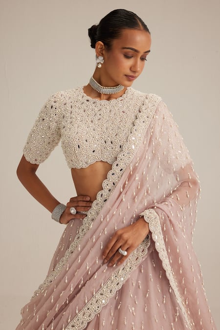 Buy_Vvani By Vani Vats_Pink Organza, Georgette Pearls, Beads, Mirrors, Sequins, Ash Drop Lehenga Set _Online_at_Aza_Fashions