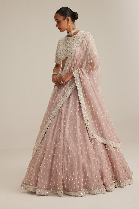 Shop_Vvani By Vani Vats_Pink Organza, Georgette Pearls, Beads, Mirrors, Sequins, Ash Drop Lehenga Set _Online_at_Aza_Fashions