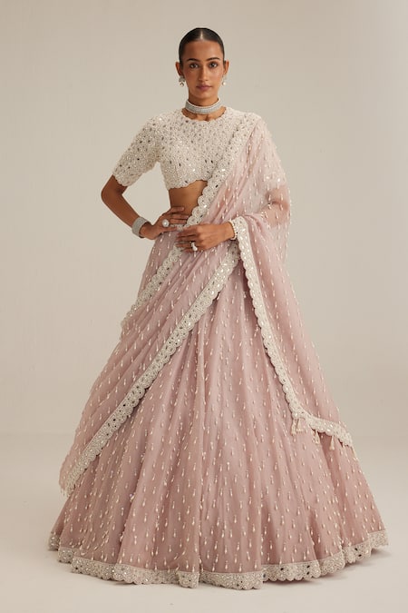 Vvani By Vani Vats Ash Pink Pearl Drop Lehenga Set 