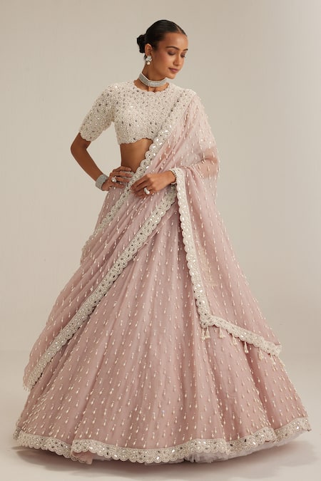 Buy_Vvani By Vani Vats_Pink Organza, Georgette Pearls, Beads, Mirrors, Sequins, Ash Drop Lehenga Set 