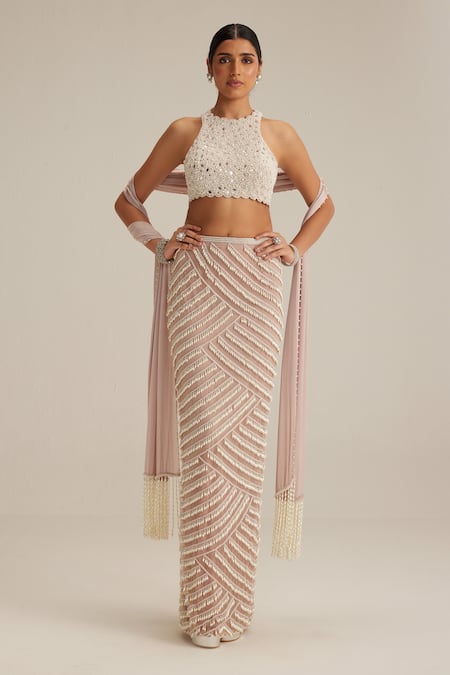 Vvani By Vani Vats Ash Pink Pearl Drop Pencil Skirt Set 