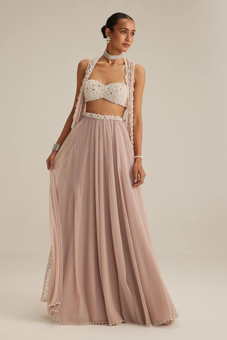 Vvani By Vani Vats_Pink Georgette, Organza Pearls, Mirrors, Embroidery, Ash Drop Jacket Skirt Set _Online_at_Aza_Fashions