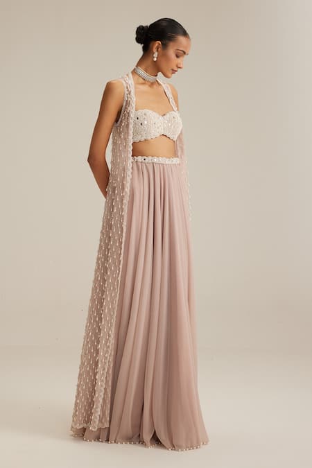 Buy_Vvani By Vani Vats_Pink Georgette, Organza Pearls, Mirrors, Embroidery, Ash Drop Jacket Skirt Set _Online_at_Aza_Fashions