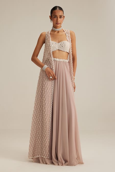 Vvani By Vani Vats Ash Pink Pearl Drop Jacket Skirt Set 