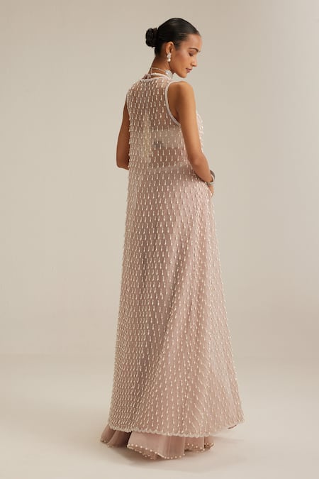 Vvani By Vani Vats Ash Pink Pearl Drop Jacket Skirt Set 