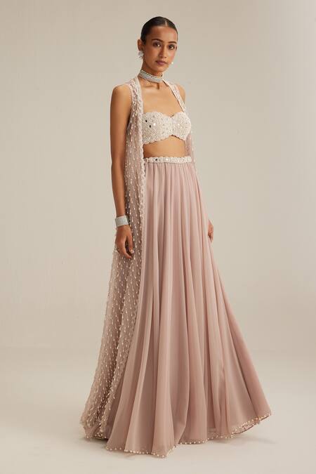 Shop_Vvani By Vani Vats_Pink Georgette, Organza Pearls, Mirrors, Embroidery, Ash Drop Jacket Skirt Set _Online_at_Aza_Fashions