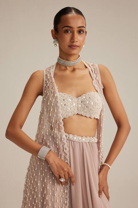 Vvani By Vani Vats_Pink Georgette, Organza Pearls, Mirrors, Embroidery, Ash Drop Jacket Skirt Set _at_Aza_Fashions